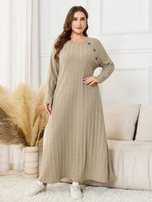 SHEIN Lacomfia Knitted Ribbed Fleece Raglan Sleeve Long Loose Comfortable Casual Simple Plus Size Dress For Women - Khaki - View 6
