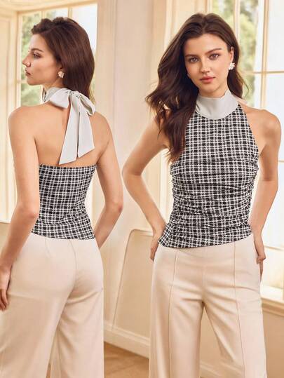 Penseblé Women's Round Neck Plaid Color Block Patchwork Top, Elegant Luxury For Party, Halloween, Thanksgiving, Autumn/Winter