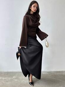 Firerie Women's Elegant Long-Sleeved Shirt / Glossy Top / Faux Silk Satin Shirt / Commuter Shirt / Brown Blouse / Office/Business Attire / New Year's Look / Vintage Style Shirt / Bell Sleeve Shirt - Mocha Brown - View 7