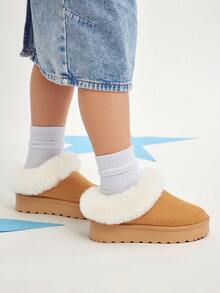 Mini mi #CozySteps Kids' Fabric Suede Tan Platform Clogs With Plush Fur Collar – Warm & Snug Style For Everyday Adventures