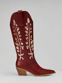 SHUZIA Giày bốt cao bồi mũi nhọn mũi nhọn chất liệu da thuần chay thêu họa tiết mới dành cho nữ - Màu Đỏ Sâu - Xem 10