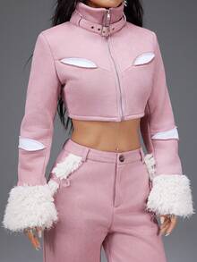 Almamuse Chaqueta corta de mujer de unicolor, de manga larga, con cuello alto y cremallera, adecuada para fiestas, otoño/invierno