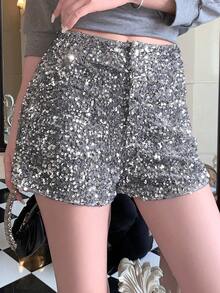 FRIFUL Pantalones cortos con lentejuelas de moda para mujer para fiestas y uso diario, nuevos para Año Nuevo y carnaval - Plateado - Ver 6