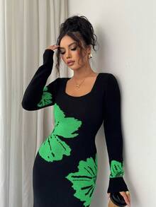 Elenzga Square Neck Jacquard Knit Bodycon Waist Sweater Dress - Green - View 6