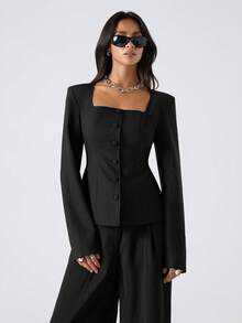 LYSMO Áo khoác blazer nữ cổ vuông tay dài cài nút đơn màu thời trang - màu đen - Xem 4