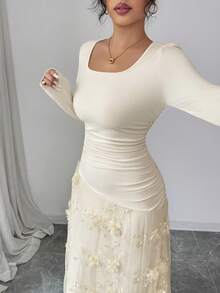 Elenzga Đầm suông họa tiết hoa 3D màu trơn thanh lịch, thoải mái, quyến rũ, cổ điển, lãng mạn, ngày lễ, nhẹ nhàng, tay dài, cổ tròn, ôm sát, dáng chữ A, viền phồng - Màu be - Xem 6
