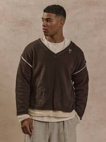 Musero V Neck Double Layer Ribbed Detailing Raw Hem Style Heavy Weight Premium Branded Patch Knit Jumper SPRING SUMMER Essentials - Multicolor - View 1