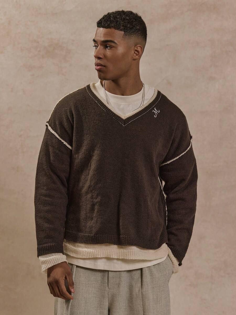 Musero V Neck Double Layer Ribbed Detailing Raw Hem Style Heavy Weight Premium Branded Patch Knit Jumper SPRING SUMMER Essentials - Multicolor - View 1