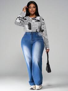 SHEIN PETITE CURVE Plus Size Newspaper Print Slim Fit Bodysuit - Multicolor - View 6