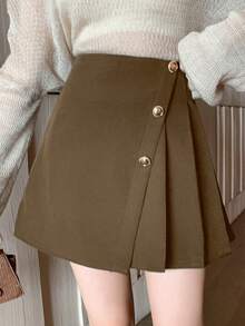 DAZY Women's Elegant Solid Color Asymmetric Pleated Skirt, Autumn/Winter - Brown - View 3