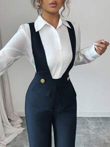 Selianne Ținută elegantă de profesoară pentru femei, din material gros, cu decolteu adânc în V, de culoare neagră, potrivită pentru Ziua Independenței, Cyber Monday, Halloween, Festivalul de cumpărături din 11 noiembrie, petrecerea de întoarcere la școală, petrecerea pentru celibatari, sărbători, Ajunul Crăciunului, Crăciun, Ziua Recunoștinței, Diwali, călătorii, la locul de muncă, salopetă de toamnă - Albastru marin - Vizualizare 3