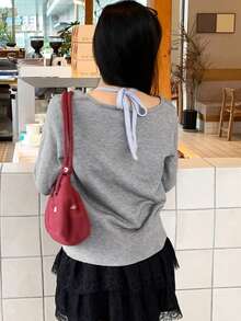 DAZY Sweater Rajut 2 in 1 Kasual Longgar Elegan dengan Hiasan Pita untuk Wanita, Musim Gugur/Dingin - Grey - View 2