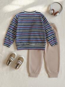 PrepCrw 2 件套年轻男孩优雅都市校园风格蓝、白、红条纹圆领长袖针织运动衫和卡其裤套装，适合休闲、郊游、聚会、圣诞节、秋冬季 - 彩色 - 查看 2