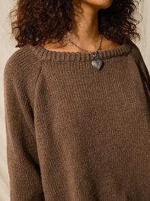 SHEIN EZwear Suéter casual de manga raglán color caqui sólido, suéter con hombros descubiertos para otoño/invierno - Caqui - Ver 7