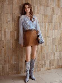 MOTF PREMIUM Falda sólida de piel sintética sin cinturón - Caqui - Ver 2