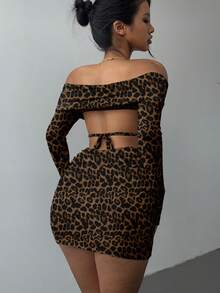Aloruh 女士休闲优雅露肩修身露背长袖迷你连衣裙，性感豹纹印花 - 彩色 - 查看 2