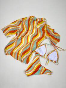 SHEIN Swim Damen 3-teiliges Bikini-Set mit Allover-Muster, Neckholder-Ausschnitt, getrenntem Top und Unterteil, Bikini-Set Outfit Badeanzug Badesachen Sommer, Sommer Strand