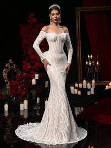 Glamrae Off-Shoulder Long Sleeve Backless Exaggerated Bow Decor Fitted Sexy Dress, Wedding Gown - White - View 8