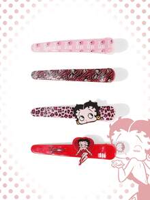 Betty Boop | ROMWE Fashionable Letter & Cartoon Pattern Hair Clips - Pink + Red - View 4