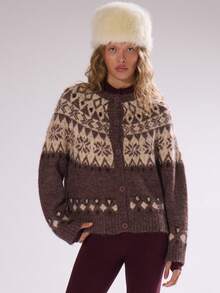 MUSERA Argyle Brushed Fluffy Knit Button Down Cardigan Autumn Fall Winter Ski Vacation  Lounge Holidays  Sweater - Coffee Brown - View 7