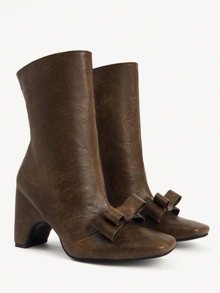 CUCCOO CHICEST Women's Vintage Distressed Faux Leather Ankle Boots With Bowknot, Square Toe, Chunky Heel, Elegant, Sweet, Romantic, Fashionable, Comfortable, Suitable For Afternoon Tea, Date, Party, Office, Holiday, Versatile, Christmas, Thanksgiving, New Year