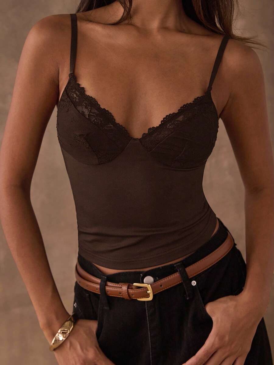 SHEIN BAE 女士纯色蕾丝拼接休闲时尚吊带背心，夏季 - 咖啡棕 - 查看 1