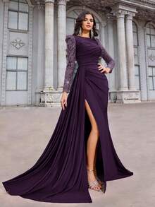 Aureia 优雅奢华亮片刺绣拼接弹力针织面料圆领褶皱薄纱长袖修身鱼尾高开衩连衣裙，适合单身派对、约会、舞会、生日、婚礼、正式场合、情人节等场合。 - 紫色 - 查看 3