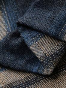 FRIFUL 女式绿色格子面料背面撞色编织标签装饰落肩长袖宽松休闲百搭时尚衬衫，秋季 - 杏色 - 查看 8