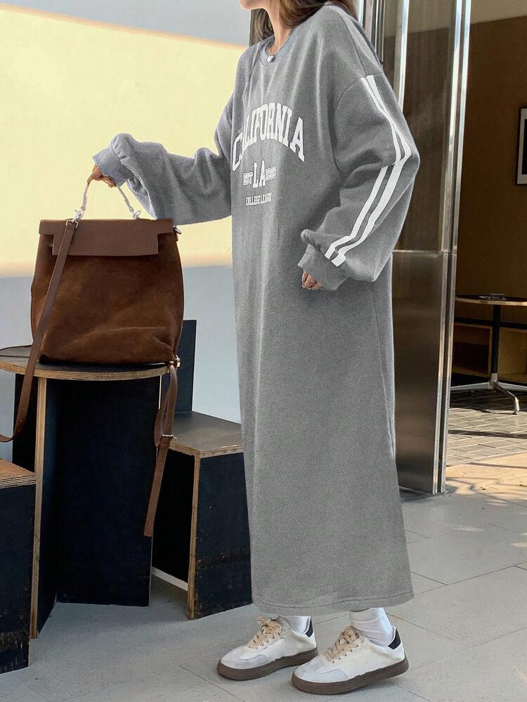 Women's Solid Color Fleece Casual Loose Long Sleeve Printed Mid-Length Dress