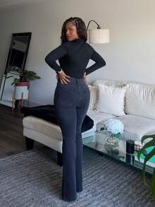 Tyla Gomez High Waist Flare Leg Jeans Women Stretchy Bootcut Y2k Streetwear Casual Vintage Fashion Clothes Outfits Grey - Grey - View 2