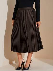 SHEIN Tall CURVE 大码优雅纯色高腰百褶裙 - 棕色 - 查看 3