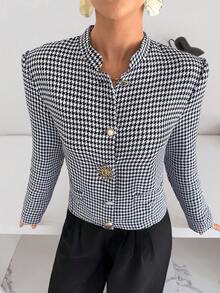 Siren Gaze 女士标准尺码千鸟格纹长袖西装外套，女士冬季服装，女士冬季夹克，女士冬季外套 - 黑與白 - 查看 7