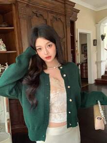 DAZY 女士优雅开襟羊毛衫，绿色圣诞新年金属纽扣装饰，商务休闲通勤风格，秋冬款