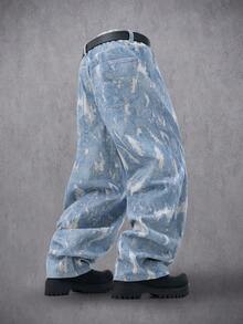 Manfinity Denimwave 秋冬季年轻街头风浅蓝色阔腿破洞3D印花牛仔裤 - 藍色 - 查看 2