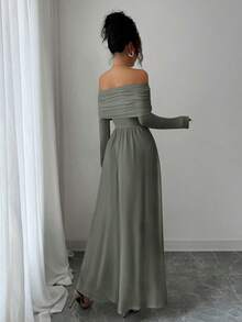 Elenzga Váy xòe trễ vai, xếp ly thanh lịch dành cho nữ, eo thon gọn, viền xòe - Màu xám đen - Xem 2