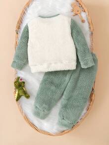 SHEIN 两件套男婴卡通恐龙图案罗纹圆领长袖上衣和柔软抓绒睡裤套装，适合秋冬季穿着，舒适保暖。 - 綠色 - 查看 2