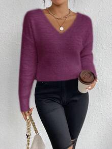 EMERY ROSE White V-Neck Casual Soft & Cozy Sweater, Long Sleeve Pullover Top, Autumn/Winter - Red Violet - View 6