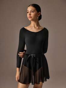 SHEIN Justaucorps de ballet à manches longues noires avec dos ajouré et jupe en tulle pour adolescentes, combinaison de danse de ballet à 4 voies extensible et très élastique