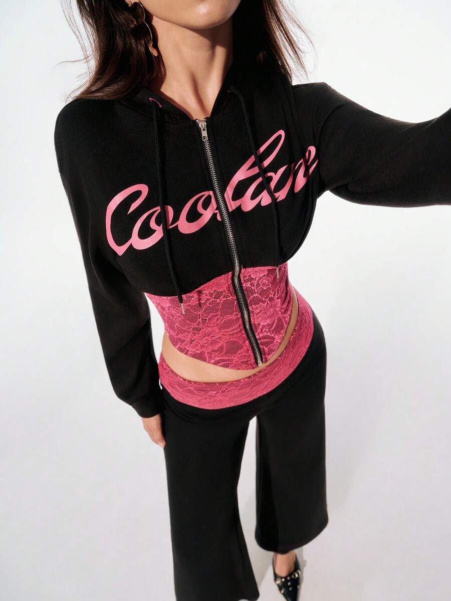 SHEIN Unity 两件套女士蕾丝拼接连帽拉链长袖上衣和裤子套装 - 黑色 - 查看 1