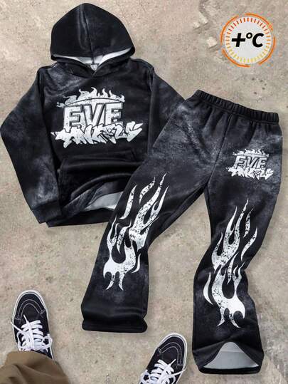 Set de 2 piezas de sudadera con capucha y pantalón de chándal recto y suelto estampado, para niños/preadolescentes