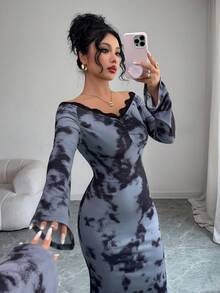 Modelyn Elegant Off Shoulder Ruched Mermaid Hem Dress With Lace Trim, High-End, Flattering, Suitable For Autumn/Winter - Multicolor - View 6