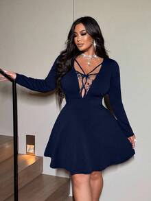 Plus Size Women Solid Color Lace Patchwork Sexy Minimalist Long Sleeve A-Line Dress - Navy Blue - View 2