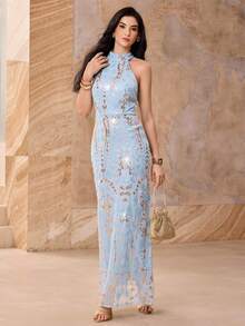 Modelyn 优雅串珠刺绣女士奢华修身连衣裙 - 淺藍色 - 查看 4