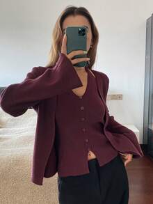 DAZY 2 件套女士优雅纯色吊带背心开衫套装，秋季 - 紫色 - 查看 1