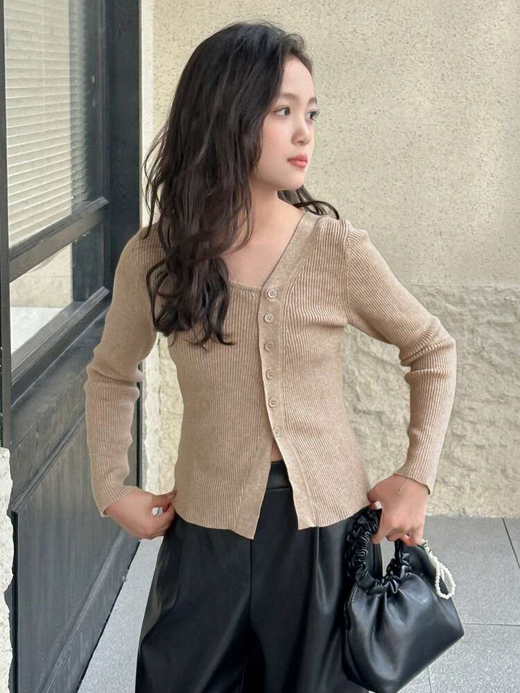 Tween Girls Casual Asymmetrical Ribbed Cardigan