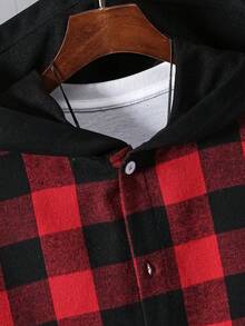 Vacaura 1pc Teenage Boys' Casual Hooded Plaid Shacket With Contrast Sleeve, Suitable For Autumn/Winter Outdoor - Red - View 4