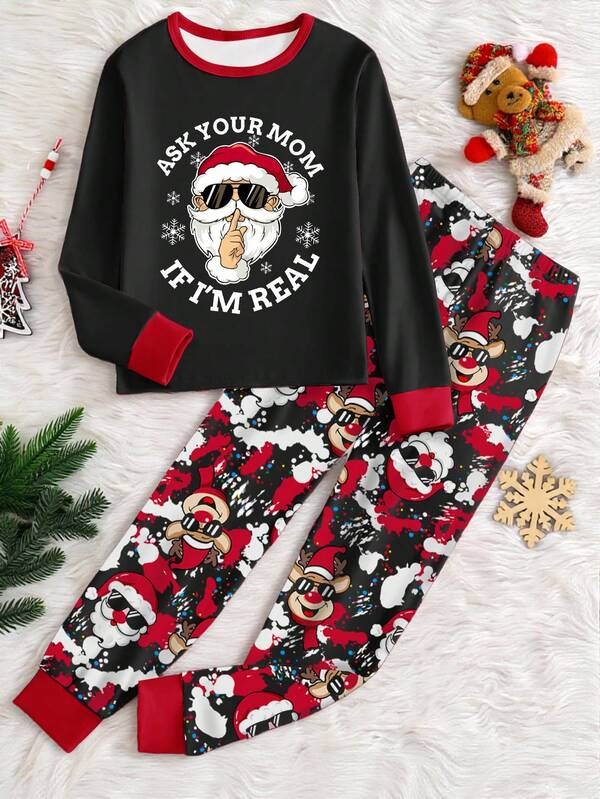 1 Set Weihnachts-Pyjama für Teenager Jungen mit Weihnachtsmann- und Hirsch-Motiv, Engsitzende Passform mit Rundhalsausschnitt, Langarm-Oberteil und lange Hose, Frühling/Herbst