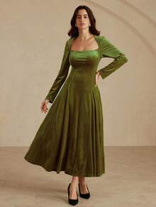 EMERY ROSE Váy dài bồng bềnh dáng chữ A cổ vuông thanh lịch sang trọng kiểu Pháp, vải nhung trơn màu gợi cảm, thiết kế nhiều lớp, khóa kéo sau lưng, váy dài xếp nếp cao cấp, phù hợp cho các dịp trang trọng mùa thu/đông, tiệc tối - Màu xanh Ô liu - Xem 4