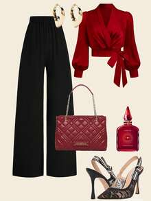 DreamSkyne Bộ 2 món quần ống đứng cổ chữ V buộc dây thiết kế mới mùa xuân và thu dành cho nữ cỡ lớn - Màu Đỏ Sâu - Xem 1