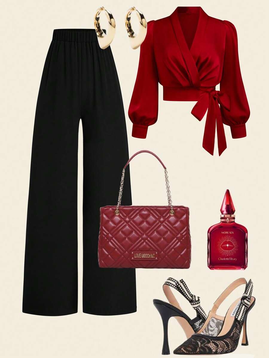 DreamSkyne Bộ 2 món quần ống đứng cổ chữ V buộc dây thiết kế mới mùa xuân và thu dành cho nữ cỡ lớn - Màu Đỏ Sâu - Xem 1